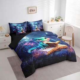 Cartoon Dragon Bedding Set,Mysterious Jungle Moon Night Full Comforter Set with Sheets for Kids Boys Girls Teens Room Decor,Western Animal Bed in a Bag 7 Piece for Bedroom Living Room