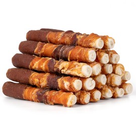 MON2SUN Dog Treats, Triple Flavor 6 Inch Chicken Liver Chicken Duck and Chicken Wrapped Rawhide Sticks, Teeth Cleaning Dog Snacks for Medium Dogs, 35.27 oz (20 Count-Pack of 1)