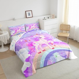 Feelyou Unicorn Girls Bedding Set Twin Kawaii Cute Rainbow Unicorn Comforter Set Reversible Cartoon Stars Comforter Kids Children Purple Unicorn Animal Room Decor 1 Pillowcase