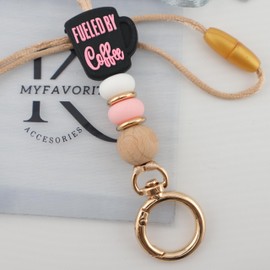 MyfavoriteK Coffee Cup Teacher Lanyard ID Badge Holder and Keys, Soft Beads Lanyard for Women Work Students (Black)