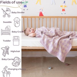 Gender-Neutral Checkered Baby Blanket 30x40 Inches, Lavender – 100% Organic GOTS Certified Cotton, Soft and Lightweight, Cloud Pattern Design, Perfect for Swaddling