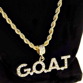 Mens G.O.A.T. Rope Chain Bling Iced Goat Greatest of All Time Pendant Gold Finish Hip Hop Necklace 24" Inch