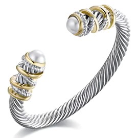 EGO VINA Multi Twisted Cable Wire Cross Bracelet For Women Men Classic Stainless Steel Fashion Stackable OPen Bangle Open Cuff Bangles Vintage Jewelry (Shell Pearl)