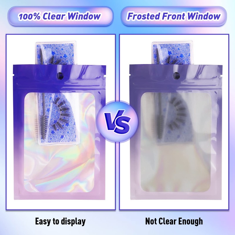 100 bolsas transparentes holográficas degradadas (3.1 x 5.1 pulgadas, morado