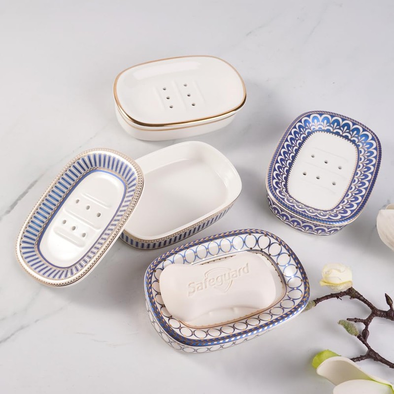 Self Draining Soap Dish, Double-Layer Bar Soap Tray, White Ceramic