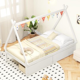 Giantex Twin Bed Frame with 2 Storage Drawers, Wood House Tent Platform Bed Frame with Triangle Structure, Montessori Low Bed, No Box Spring Required, Teepee Bed for Kids Girls Boys (White)