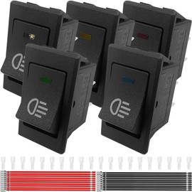 MKBKLLJY 5PCS Fog Lights Rocker Switch 4Pin DC 35A/12V 18A/24V On Off SPST Red Yellow Blue Green White with 18AWG Terminal Wire 6.3mm Sheath, for Bright Rear Front Car Truck RV Motorcycles
