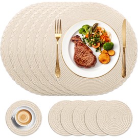 HEYOMART Round Placemats and Coasters Set of 6, Braided Woven Placemats Washable Heat Resistant Table Mats for Kitchen Dining Table Home Restaurant, Apricot