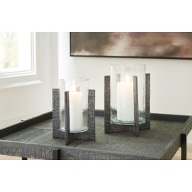 Signature Design by Ashley Garekton Casual Candle Holder Set for Pillar Candles, Set of 2, Gray & Glass