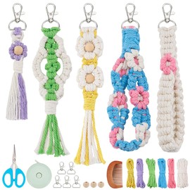 INFUNLY 5 Sets DIY Macrame Flower Keychain Kits Macrame Wristlet Keychains with Instructions Boho Cotton Cord Knotting Kits for Beginners Colorful Macrame Tassel Kits for Car Key Purse Phone Charm