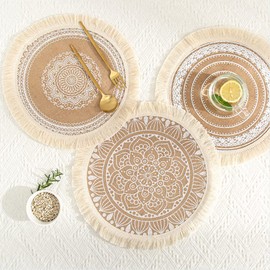 Round Woven Place Mat, Boho Placemats, Jute Placemats with Mandala Tassel, Bohemian Farmhouse Retro Restaurant Table Decoration Placemats for Wedding Festival Party Kitchen Dining Table, Set of 4 O