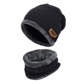 K.tchard Children’s Winter Hat, Beanie Hat with Scarf Set, Slouchy Knitted Hat, Warm Knitted, Skull Cap, Fleece Lining Hat 2–8 Years - Black