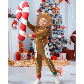 Fourluoo Gingerbread Man Costume for Kids Christmas Home Clothing Gingerbread Outfit Winter Bodysuit Hooded(Girls,7-9 Years)