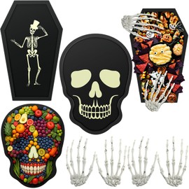 4 Pcs Halloween Party Decorations - 2 Pcs Halloween Coffin Charcuterie Board - 2 Pairs Wooden Skeleton Hands - Cheese Candy Platter Serving Tray Gothic Kitchen Party Day of The Dead Decor