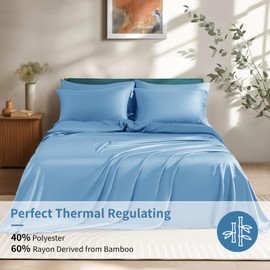 Shilucheng 6 Piece Queen Sheet Sets, Cooling Sheets, Blend Rayon Derived from Bamboo, Deep Pocket Up to 16", Breathable & Soft Bed Sheets, Hotel Silky Bedding Set, Lake Blue