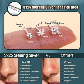 Milacolato Pack of 3 Nose Piercing Gold, Nose Piercing 925 Silver, L-Pin, Nostril Piercing Plug, Green Zirconia Butterfly Nose Piercing Set, 0.8 mm Thickness, Nose Piercings Jewellery