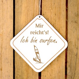 Engraved Diamond Wooden Sign with German Text "Mir reichts, ich bin windsurfen surfen" - Decorative Sign for Hanging 12.5 x 12.5 cm | Dekolando Home Accessories