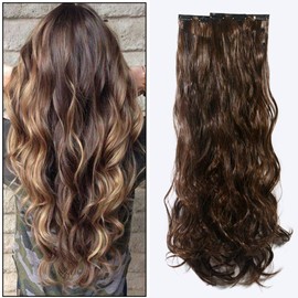 Vtrem 22 Inch 16 Clips Natural Curly Wavy Hair Extensions 55cm Long Synthetic Clip in Hair Extension Heat Resistant Full Head Hair Pieces for Women, 124g, Light Brown