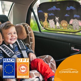 Car Window Shades for Baby with Certified UV Protection - Optimal Darkness with Suction Cups in Universal Size 51 x 31 cm - Animal Design - Pack of 2