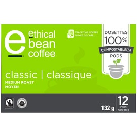 Ethical Bean Coffee Classic Medium Roast Single Serve 100% Compostable Coffee Pods, 132g