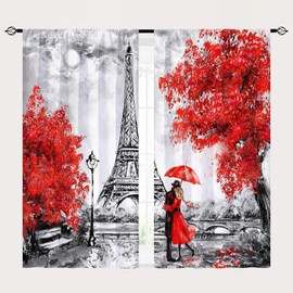 YUANZU Paris Curtains for Bedroom W42 x L84 Inch Rod Pocket Girls Eiffel Tower Oil Painting European City Landscape Black&White&Red Modern Pattern Window Drapes for Living Room Office Cafe 2 Panels