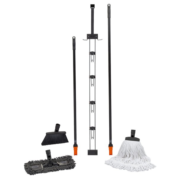 SWOPT Indoor Kit — Includes 18” Dust Mop, Cotton Mop, Angle Broom, 48” and 60” Steel Handles, and Organizer — Cleaning Heads with Long Handle Interchangeable with All SWOPT Cleaning Products
