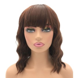 JOLNVCA Brown Short Wavy Bob Wigs with Bangs for Women Girls Shoulder Length Colored Heat Resistant Synthetic Daily Party Cosplay Wig 14 Inch T27-30