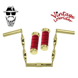 Vintage Lowrider Vtg Lowrider 9" Gold Flat Twisted Handlebar 25.4mm & Velour Swirl Red Grips.