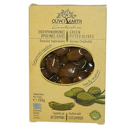 Olives's Earth Greek Natural Green Pitted Olives Stuffed with Pickled Cucumber Chalkidiki Variety, 200 g (Pack of 4 - Total 800 g)
