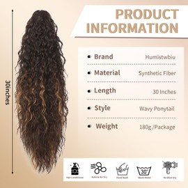 Humistwbiu Claw Clip Ponytail Extension for Women 30 Inch Long Ponytail Hair Piece Wavy Curly Synthetic Hairpieces, Brown with Blonde Highlights