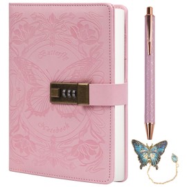 TIEFOSSI Diary with Lock for Women Girls, Lined Locked Journal, Butterfly Journal Notebook with Pen and Bookmark, A5 Refillable Locking Journals for Writing, 224 Numbered Pages