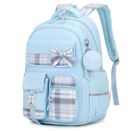Tanou School Backpack Girls Children's Backpack Waterproof Backpack Teenager Daypack Kawaii Checked School Bag for Girls 9-16 Years with Trolley Strap, blue, L