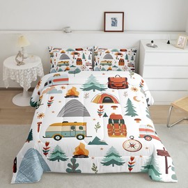 Feelyou Happy Camping Comforter Set for Kids Boys Girls Full Size Outdoor Travel Bedding Set Ultra Soft Travel Bag Tent Compass Print Duvet Quilt Camping Gifts Comforter Travel Trailers Themed