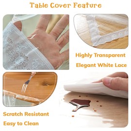 PVC Lace Table Cloth, Clear Waterproof Plastic Table Cover with White Lace Edge, Vinyl Table Protector, Anti-Scratch Transparent Tablecloth for Dining Kitchen Home Party (Circular-150)