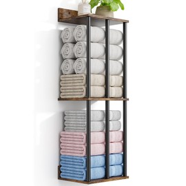 WeGXY Towel Racks for Bathroom Wall Mounted with Wooden Storage Shelf, Updated 3 Bar Metal Towel Holder for Rolled Towels, Sturdy and Large Capacity, Towel Storage Organizer