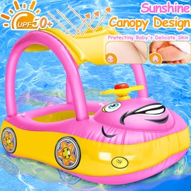 iGeeKid Inflatable Baby Pool Float with Canopy, Safty Seat for Infant Baby Swim Float Rings Car Shaped Swimming Pool Floaties for Babies Toddler Age of 6-36 Months (Pink)