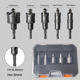 TCT Carbide Hole Saw Kit 5PCS, 5/8" to 1-3/8" Metal Hole Cutter, Hex Shank Carbide Bits Set with Pilot Drill for High Precision Cutting of Iron, Stainless Steel, Aluminum, Alloy, Copper, Plasterboard