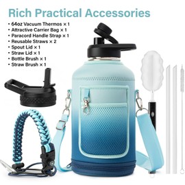 DYSANKY Insulated Water Bottle | Thickened Stainless Steel Vacuum Metal | Portable Sports Half Gallon Large Water Jug for Gym and Hiking with Straw, Carrier Bag, Handle Strap | BPA-Free 64 oz