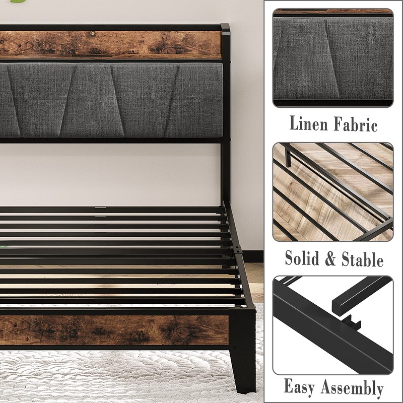 LIKIMIO Twin Bed Frames, Storage Headboard with Charging Station, Solid