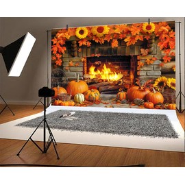 7 x 5 ft Fall Thanksgiving Fireplace Backdrop Autumn Harvest Pumpkin Brick Wall Photography Backdrops Maple Leaf Sunflower Thanksgiving Party Decorations Backdrop Photo Props Supplies