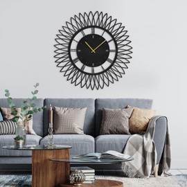SIGNLEADER Metal Wall Clock Wall Art Decor, Mid-Century Starburst Wall Sculpture Clock Silent Battery Operated Hangings Home Decoration for Living Room, Bedroom, Kitchen, Bathroom - 18" Black