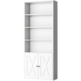 Shintenchi Bookshelf, Industrial Bookshelves and Bookcases with Doors Floor Standing 6 Shelf Display Storage Shelves 70.6 inches Tall Bookcase for Home Office, Living Room (White)