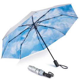 Prospo UPF 50+ UV Protection Umbrella for Sun & Rain, Large Compact Travel Umbrella Windproof, 46 Inch Auto Open Close Sun Blocking for Women Men(Silver/Sky)