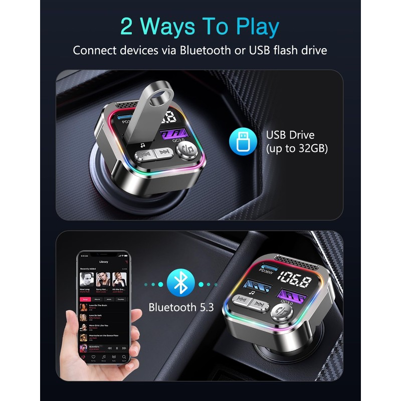 ORIA 66W Bluetooth 5.3 FM Transmitter, PD 36W+QC3.0 18W Car