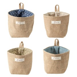 4 Pieces Cotton Linen Storage Bag, Foldable Storage Basket with Handle, Hanging Storage Bag, 4 Colours, for Storing Cosmetics, Keys, Toys