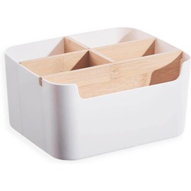 Ruikcoll Desk Organiser, Wooden Desktop Organiser, Bamboo Table Organiser, 5 Compartments, for Office, Living Room and Bedroom, Pen Holder Desk, White
