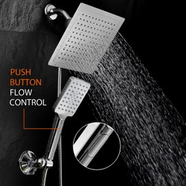 Dream Spa Hotel Spa Ultra-Luxury 9" Square Rainfall Shower Head / Handheld Combo. Convenient Push-Button Flow Control for easy one-hand operation. Switch flow settings with same hand! Premium Chrome.