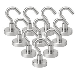 10PCS Magnetic Hooks, Heavy Duty 17.5lbs+ Strong Neodymium Fridge Magnet Hooks for Hanging Towels Keys Utensils Curtains Tools, Rustproof Stainless Steel Hook Set for Kitchen Grill Door, Silver