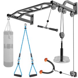 SELEWARE 48'' Heavy Duty Pull Up Bar Wall Mount Multi-function Chin up Bar with Home Gym Cable Pulley System LAT Pulldown Workout Attachments Heavy Bag Hanger