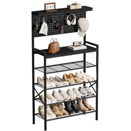 UNITSTAGE Tall Shoe Rack, 6-Tier Wooden Shoe Storage with Hole Panel, 7 Hooks, for 16-20 Pairs, Wooden Top Shelf, Sturdy, Industrial, Entryway Organizer, Closet Hallway Bedroom Dorm, Black